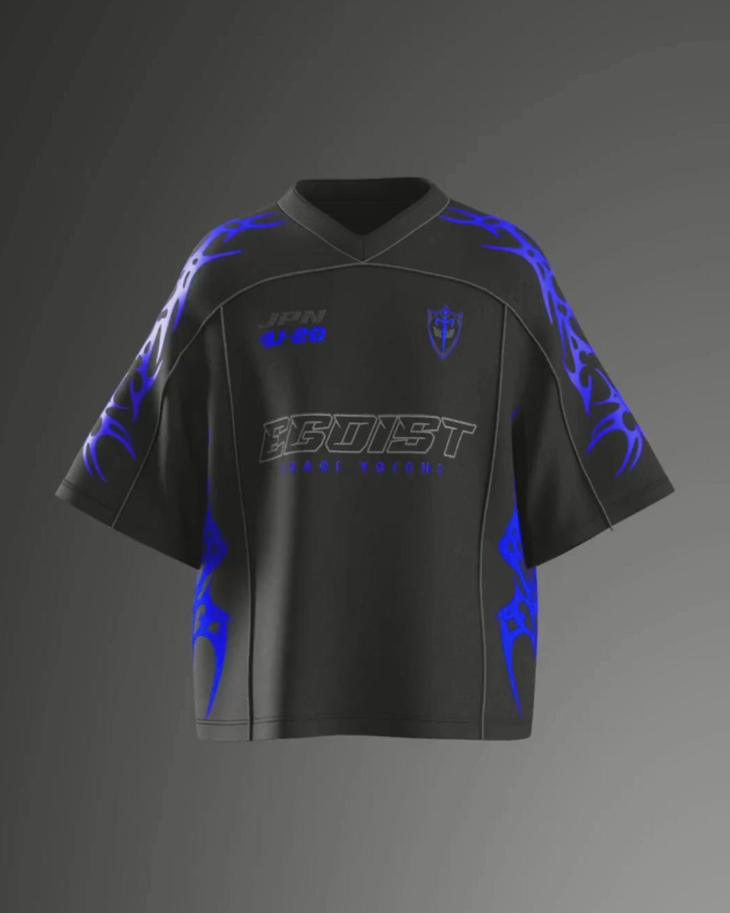 360 degree view of the Bluelock Egoist Isagi Yoichi oversized jersey in blue and black.